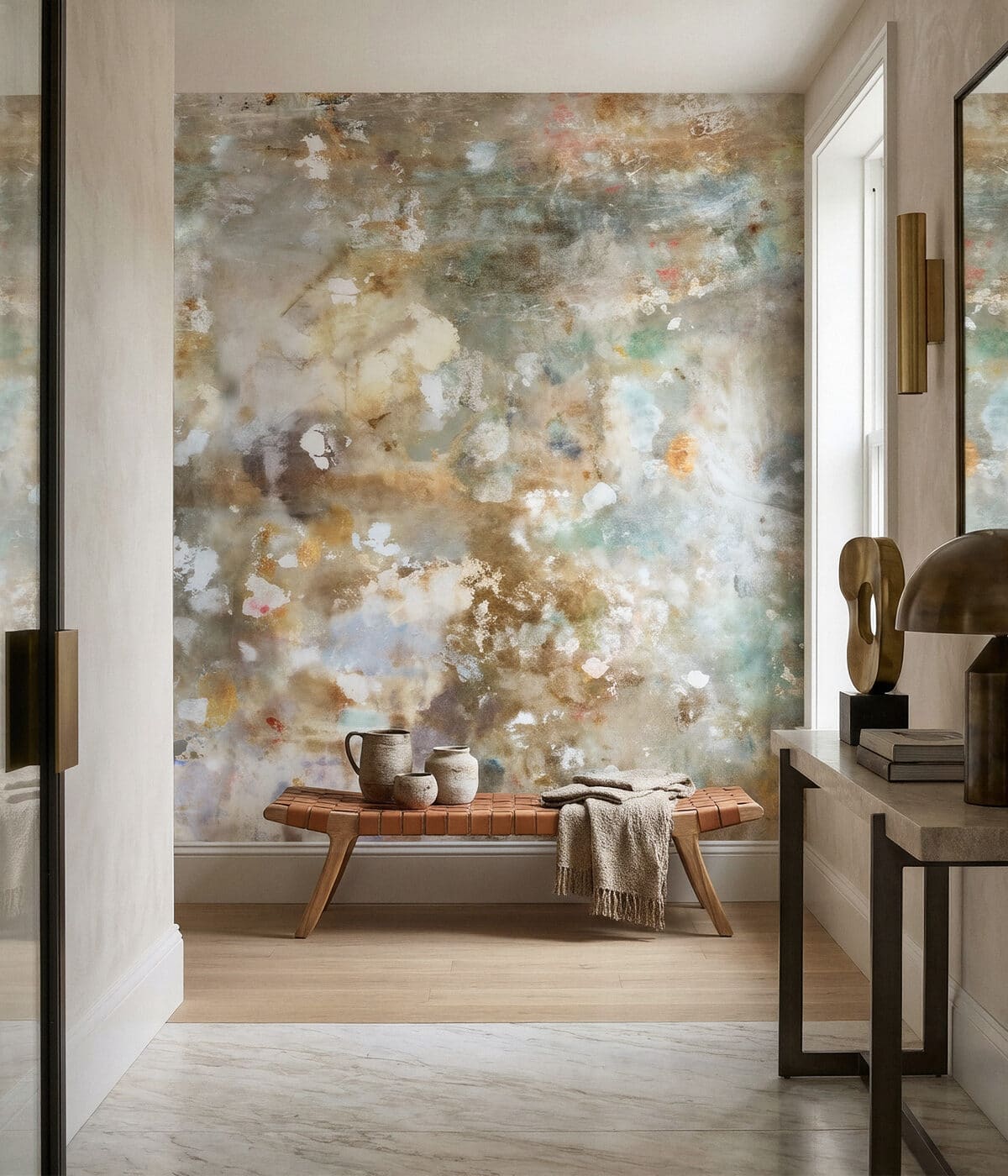 Distressed decorative wallcovering in an interior