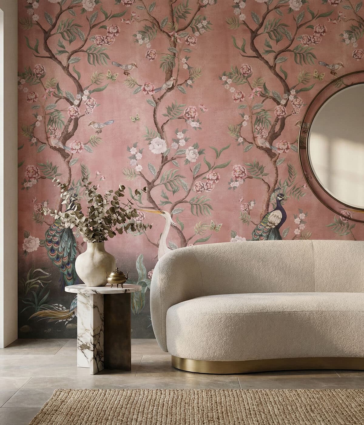 Editorial mural wallpaper in a refined interior